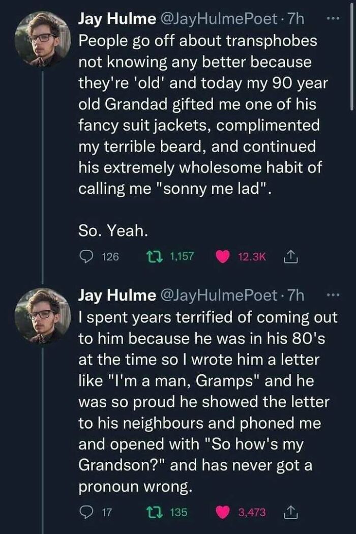 Tweet about a 90-year-old grandad's positivity and support, highlighting very important positivity.