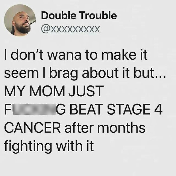 Positive social media post celebrating a mom beating stage 4 cancer, highlighting very important positivity and hope.