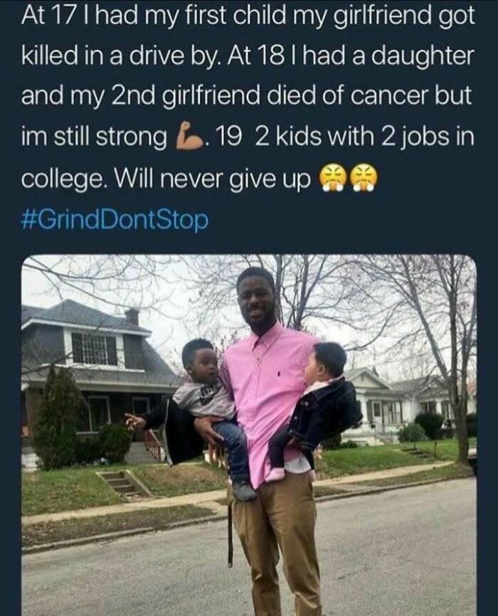 Man holding two children in a neighborhood, symbolizing strength and positivity amidst life's challenges.