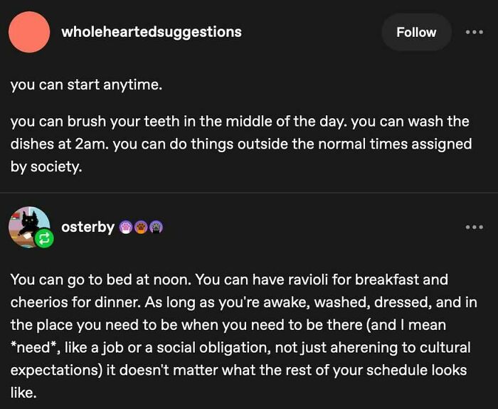 Positive social media post discussing flexibility in daily routines to boost positivity and wellbeing when feeling down.