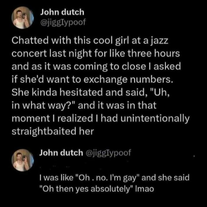 Screenshot of a humorous positivity post about an awkward jazz concert chat that might brighten your day.