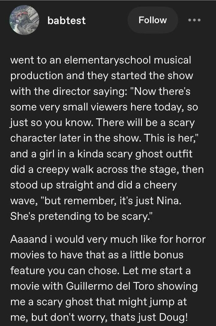 Text post about a funny elementary school musical with a scary ghost character, promoting positivity and lighthearted humor.