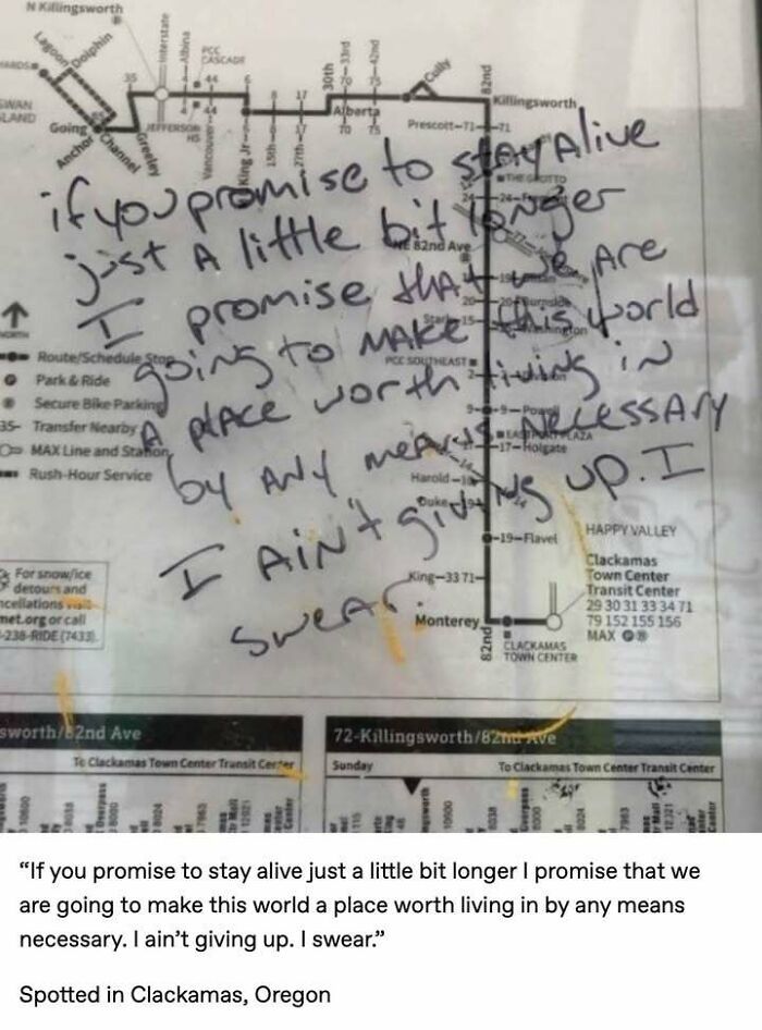 Handwritten positivity message on transit map encouraging staying alive and making the world a place worth living in.