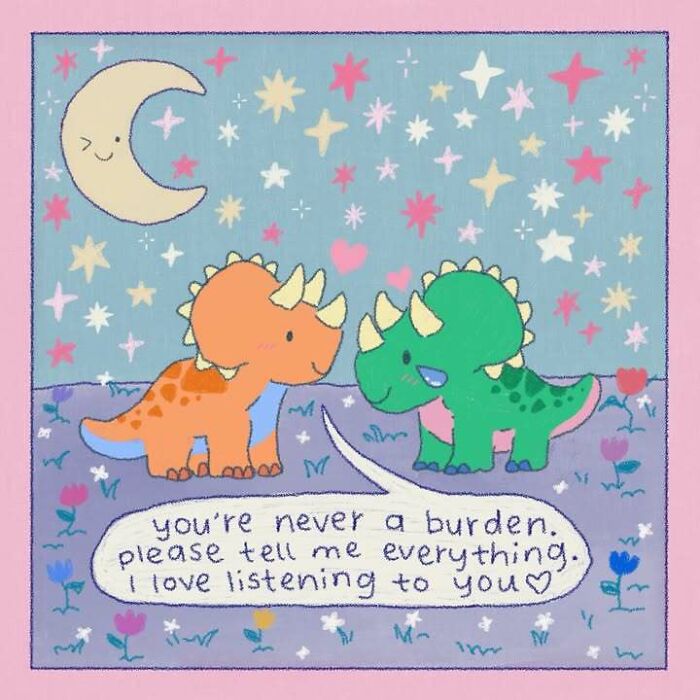 Two cute dinosaurs under stars and a smiling moon with a positivity message about listening and support.