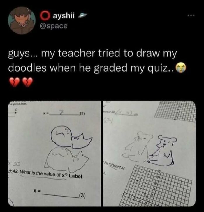 Screenshot of a social post showing teacher's funny attempt to redraw student's doodles on a quiz, highlighting positivity and humor.