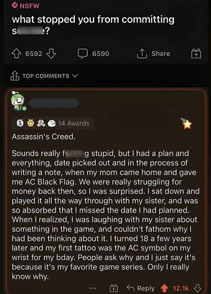Reddit post sharing a story of how Assassin's Creed helped with positivity during a difficult time and inspired a tattoo.