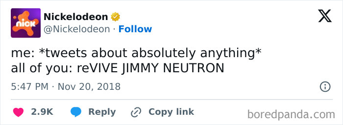 Nickelodeon’s official social media account post humorously demanding a revival of Jimmy Neutron with high engagement.