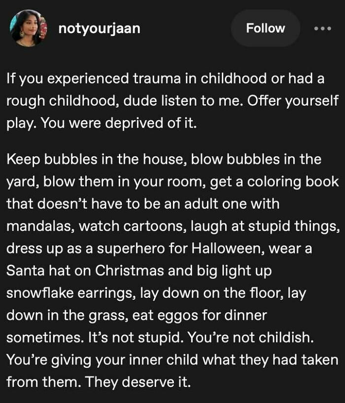 Positive message encouraging self-care and inner child healing for those feeling down or dealing with childhood trauma.