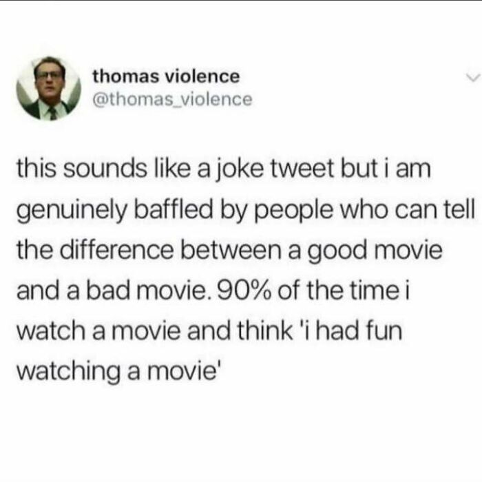 Tweet about movie enjoyment, reflecting positivity and lightheartedness to brighten your day and uplift your mood.