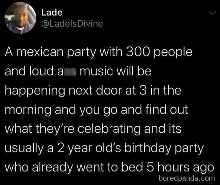 Screenshot of a social media post humorously describing a noisy Mexican party at 3 AM celebrating a 2-year-old's birthday.