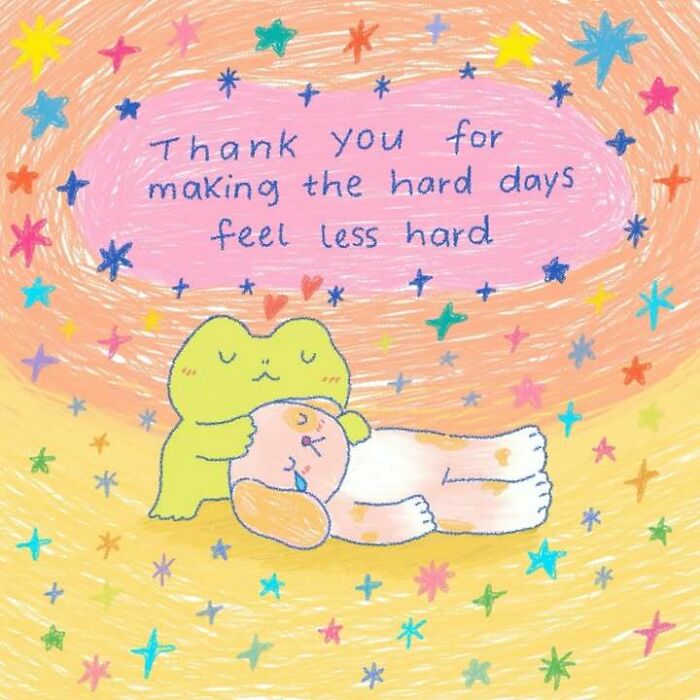 Colorful drawing of a frog hugging a dog with stars and a message about positivity and making hard days feel less hard.