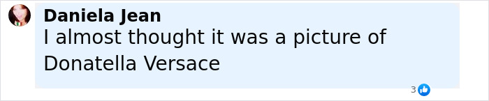 Comment by Daniela Jean mentioning a mistaken identity with Donatella Versace in a light blue text box.