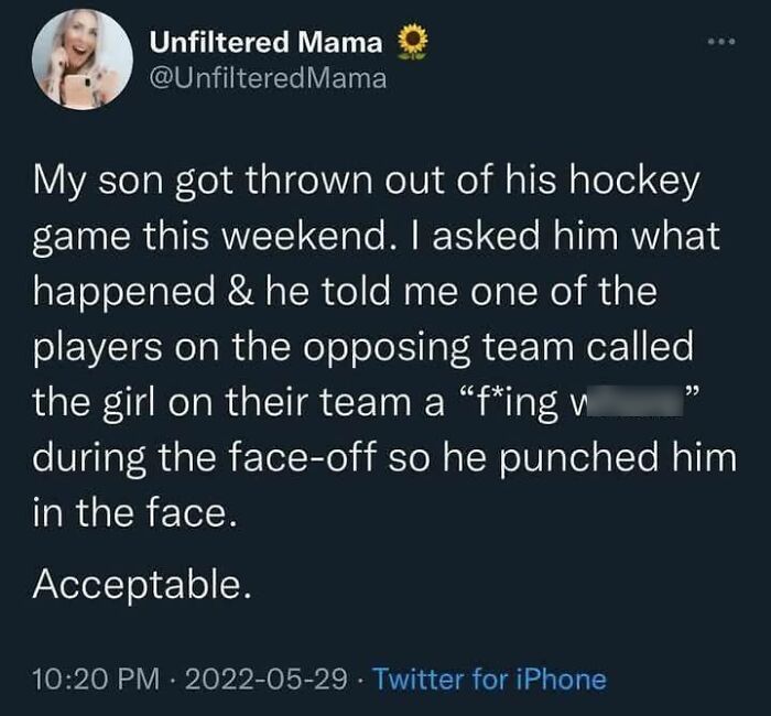 Tweet from Unfiltered Mama about her son being thrown out of a hockey game, reflecting important positivity and standing up for others.