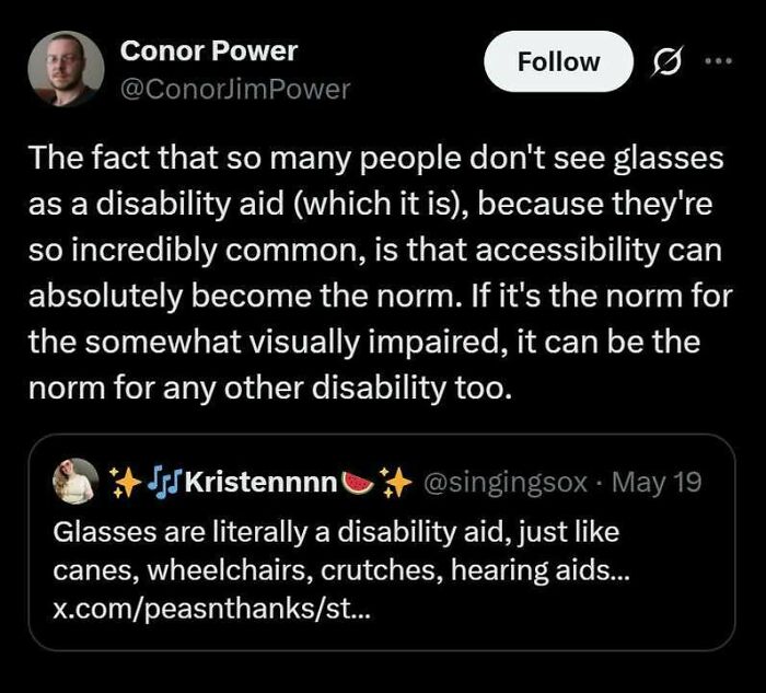 Tweet discussing glasses as a disability aid and how accessibility can become the norm for all disabilities.