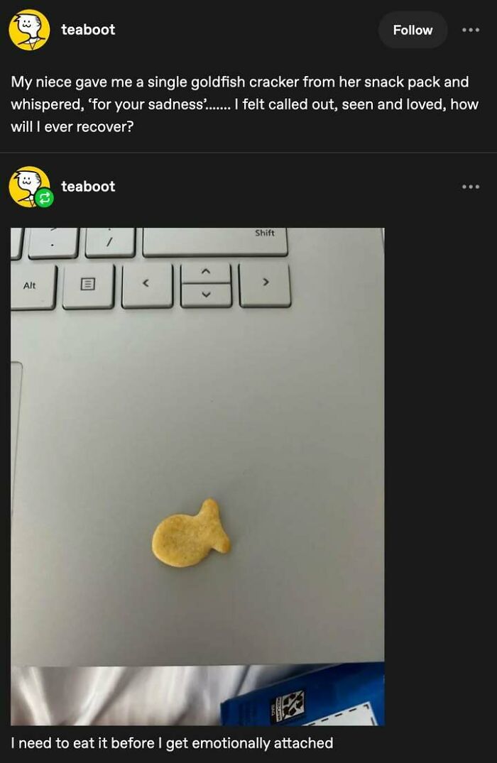 Goldfish cracker on a laptop keyboard symbolizing a moment of positivity to brighten your day when feeling down.