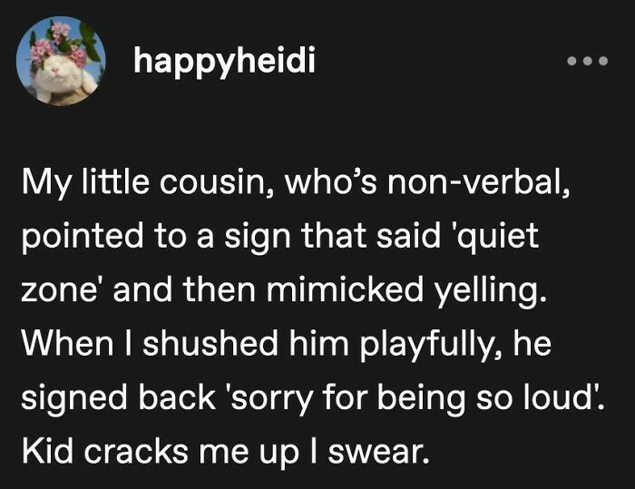 Screenshot of a positive social media post about a non-verbal child mimicking a quiet zone sign, spreading positivity.