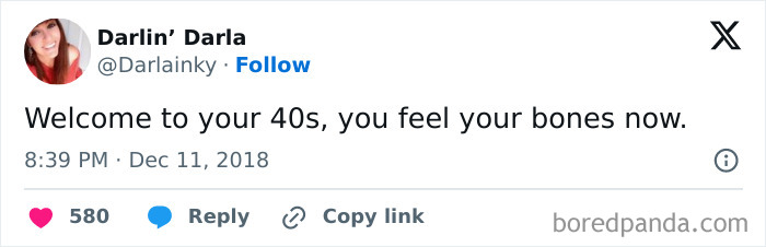 Screenshot of a humorous social media post about the challenges and chaos of life after 40 years old.