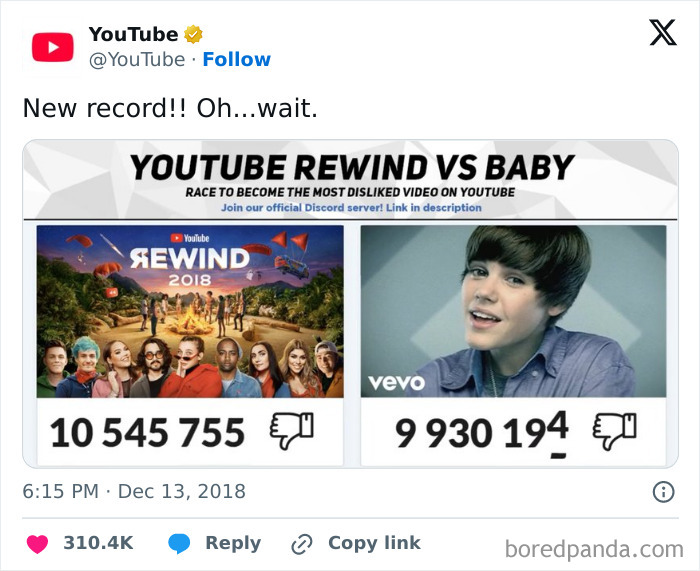 YouTube tweet comparing dislike counts of YouTube Rewind 2018 and Baby video, showcasing social media humor.