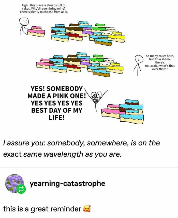 Cartoon showing positivity with colorful cakes and a message about finding someone on the same wavelength for important positivity.