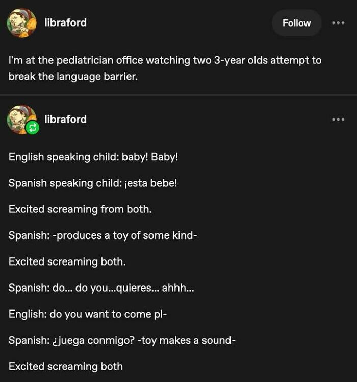 Chat between two children trying to break the language barrier, capturing moments of excitement and positivity.