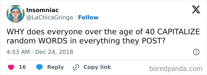 Screenshot of a humorous social media post about people over 40 capitalizing random words, highlighting life after 40 chaos.