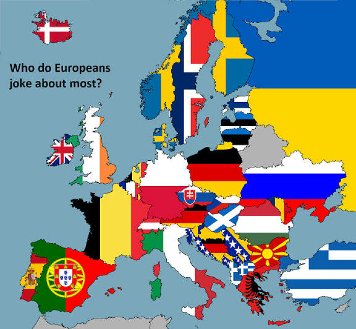 Map of Europe showing which countries Europeans joke about most with country flags overlaid humorously.