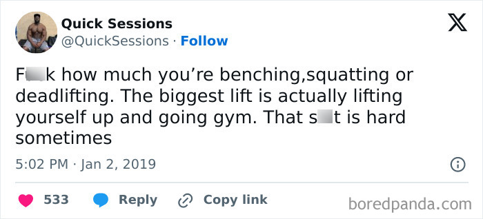Tweet about the challenges of benchiing, squatting, and deadlifting, emphasizing gym motivation with hilarious fitness memes.