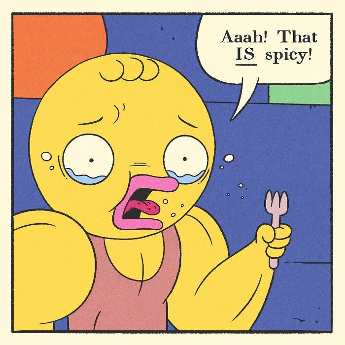 Close-up of a comic panel showing a hand with a fork reaching into a tray of food, related to bodybuilding duck artwork.