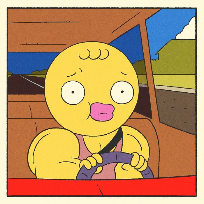 Comic panel featuring a bodybuilding duck driving a red car with a cat passenger, showcasing the character’s soft heart.