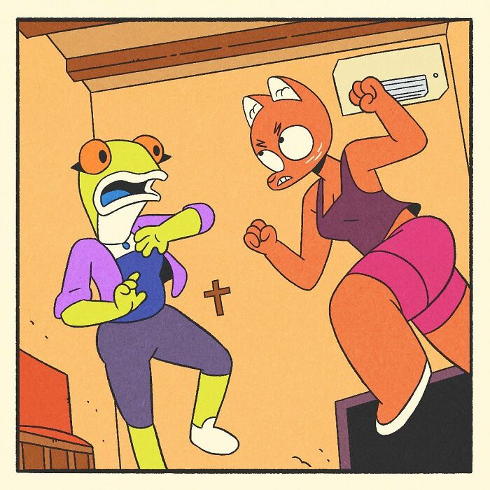 Comic illustration of a bodybuilding duck with a soft heart gently holding a small bird in a cozy living room.