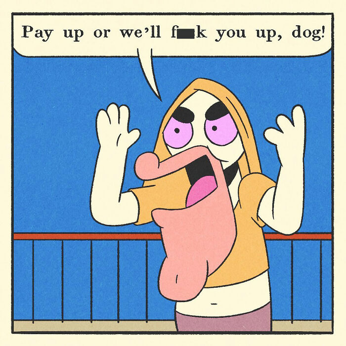 Bodybuilding duck with a soft heart and a worried cat character sitting in a car, expressing they make a bad team.