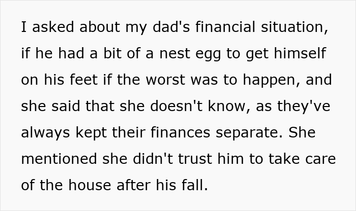 Alt text: Text about a woman discussing finances and deciding to leave her partner homeless if she dies, highlighting trust issues.