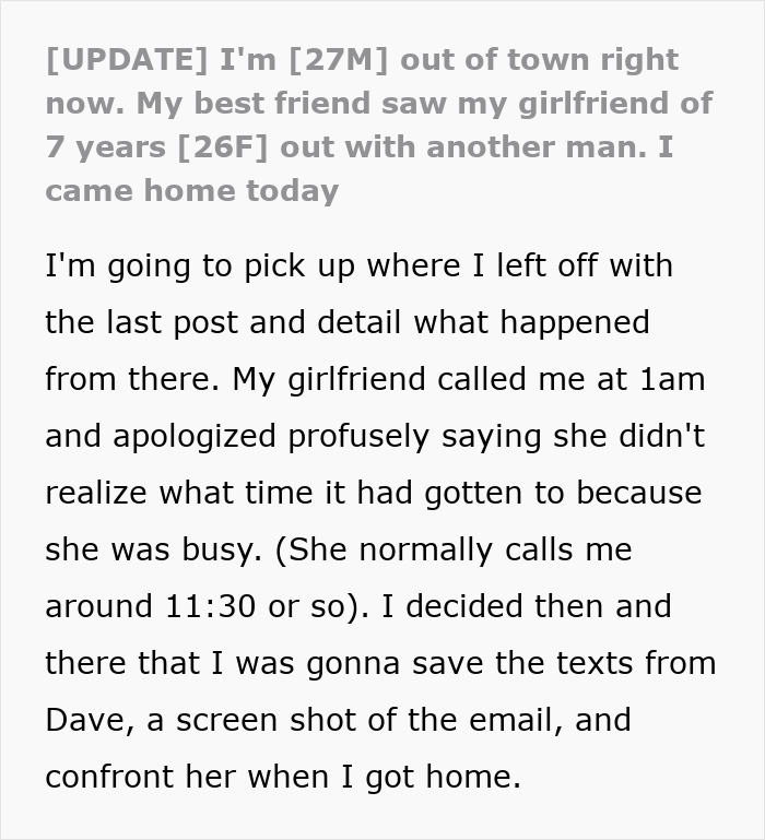 Text from story about best friend saw girlfriend with another man and checking email for proof.