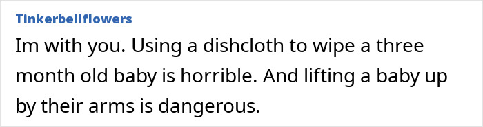 Comment criticizing husband for carrying infant by arms and wiping baby&rsquo;s face with dishcloth, highlighting safety concerns.