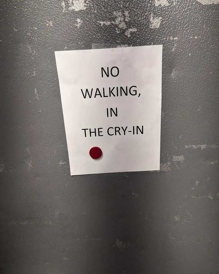 Paper sign with text no walking in the cry-in pinned on a gray wall, relatable chef humor meme concept.