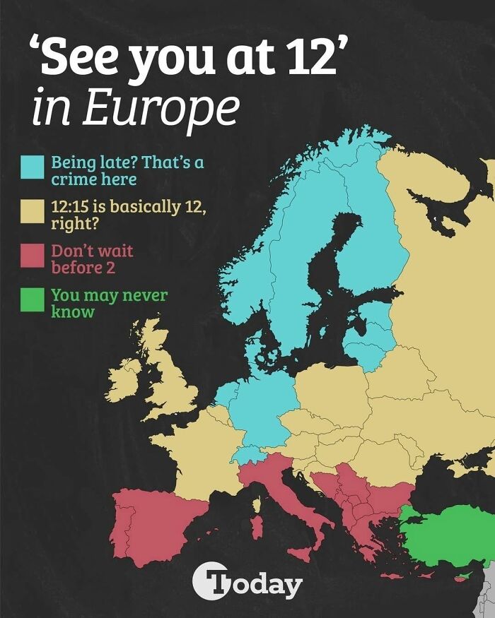 Map of Europe showing cultural differences about being on time with color codes, featured on Simon Shows You Maps.