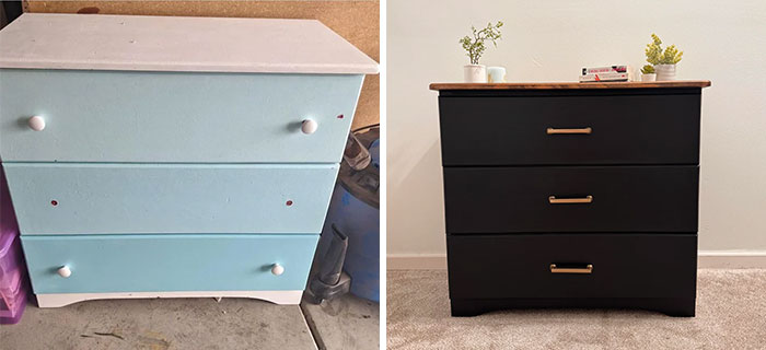 Before and after image of furniture flipping showing a worn blue dresser transformed into a sleek black dresser with new handles.