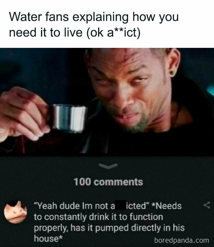 Man holding cup with skeptical expression, humorously illustrating nerdy and weird memes about water a*******n.