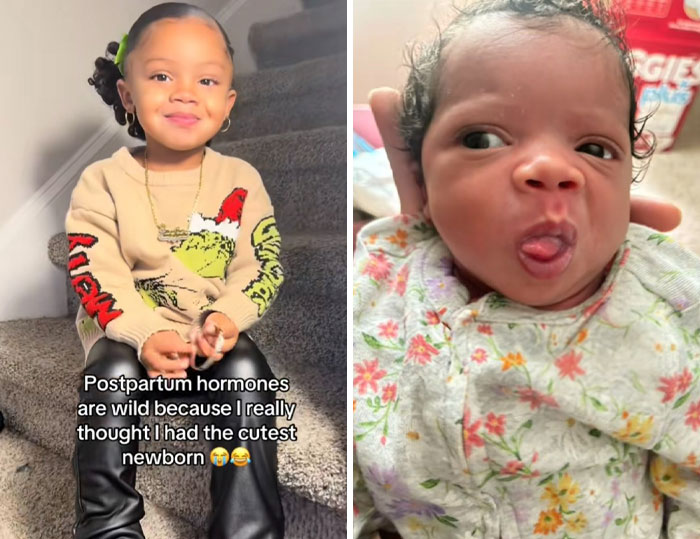 Two toddler girls, one sitting on stairs smiling, the other newborn wearing a floral outfit, highlighting postpartum hormones.