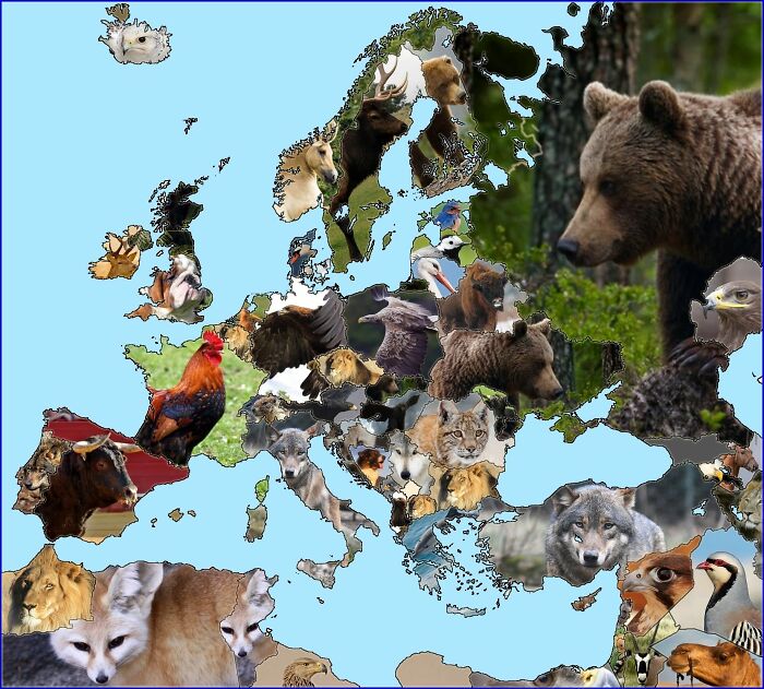 Map of Europe featuring animals representing different countries in a funny and unusual geography map style.