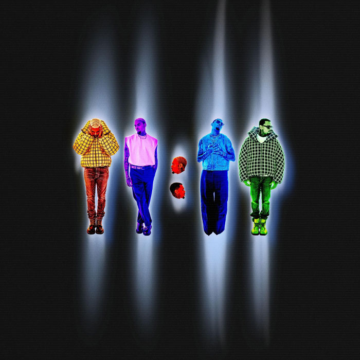 Four colorful figures illuminated by vertical beams of light representing spiritual sign and 111 angel number meaning concept.