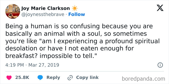 Tweet about the confusing nature of being human with relatable casual nihilism memes on spiritual desolation and breakfast.