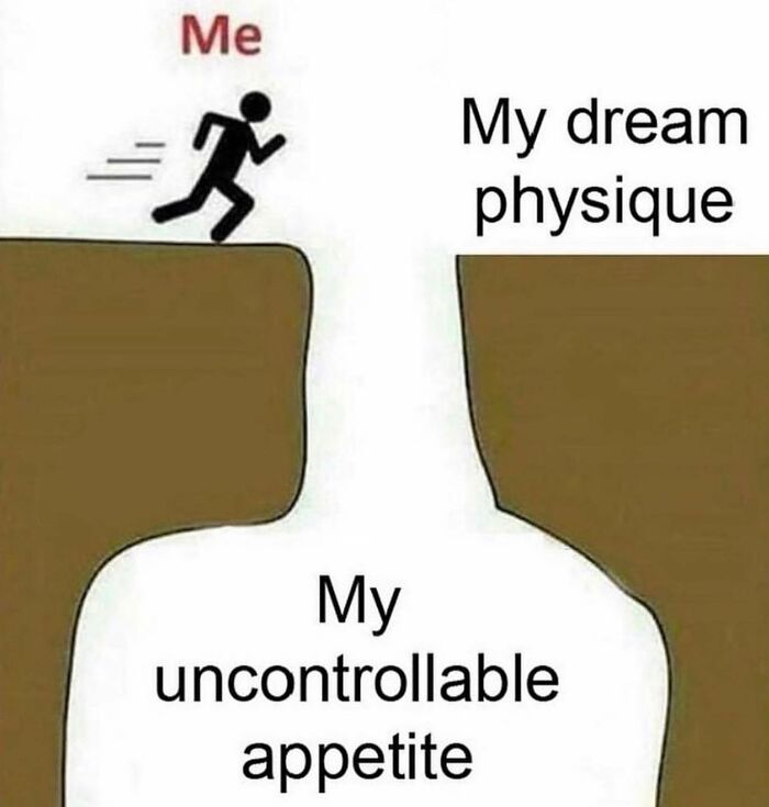 Stick figure labeled Me jumping over a gap toward My dream physique with a pit below labeled My uncontrollable appetite, gym memes concept.