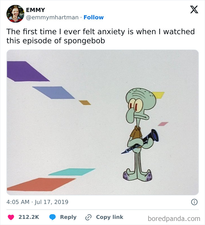 Cartoon character holding a pen with a worried expression, illustrating social anxiety memes on a simple background.