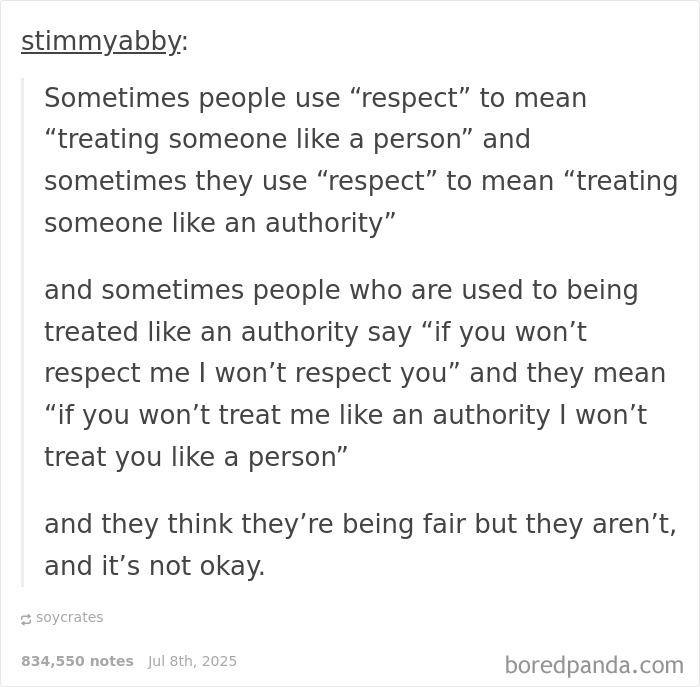 Text post explaining different meanings of respect and the importance of positivity in how people treat each other.