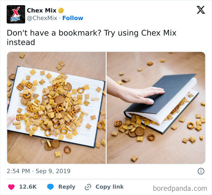 Chex Mix snack used as a bookmark in an open book, showcasing a funny social media post from official accounts.