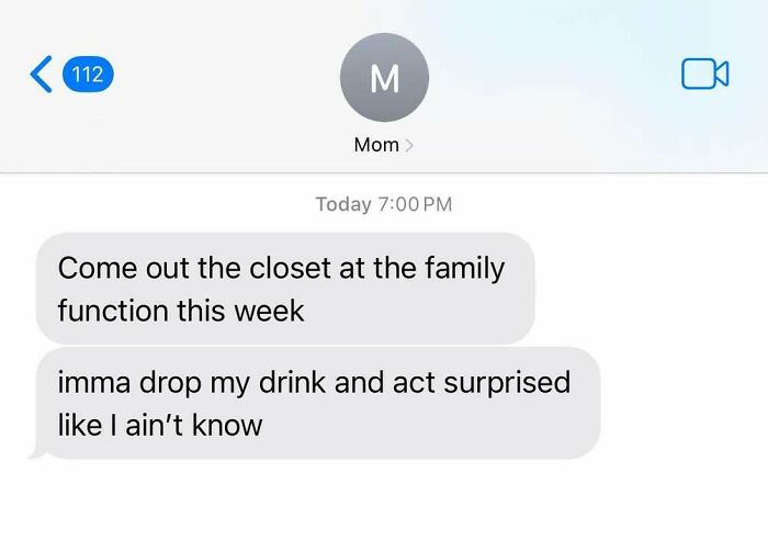 Text message from Mom joking about coming out the closet at a family function, part of relatable random memes collection.
