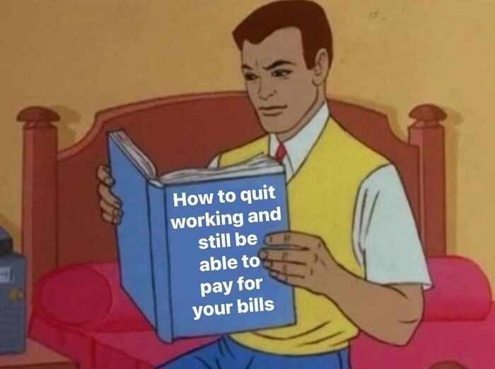 Man reading a humorous meme book about quitting work and paying bills, illustrating relatable random memes.