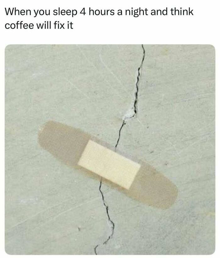 A relatable meme showing a band-aid on a large crack symbolizing quick fixes from totally random memes.