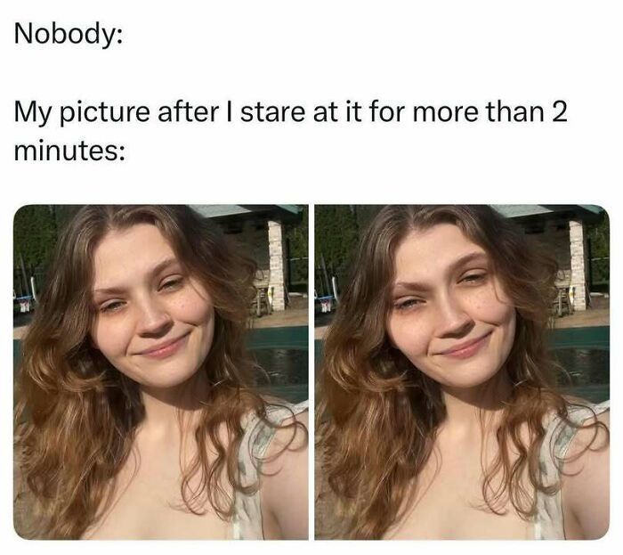 Two selfies of a woman making funny faces, illustrating relatable emotions in totally random memes.